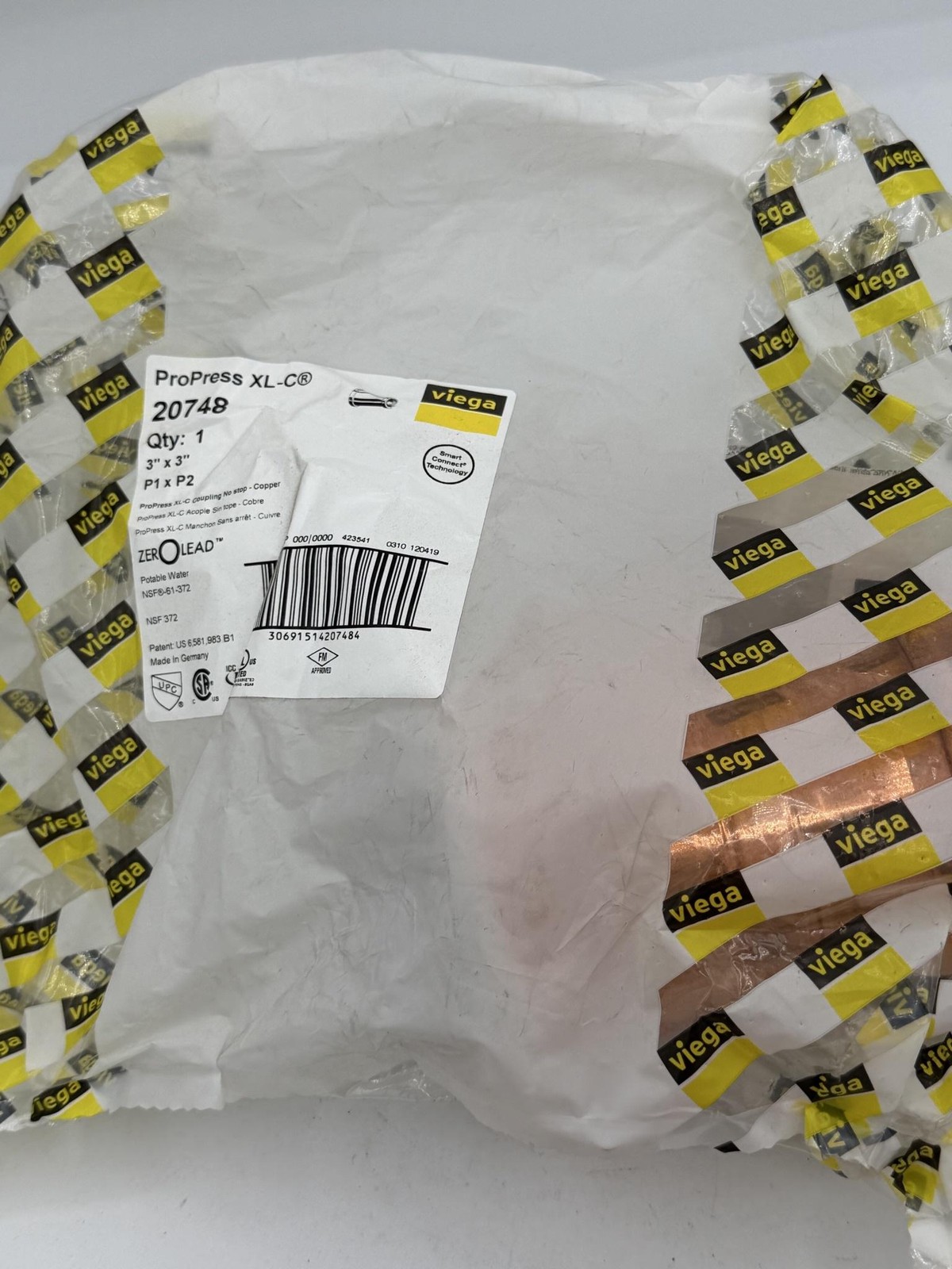 Viega ProPress XL-C 20748 Copper Coupling 3 X 3 In P1 X P2 Zero Lead Germany