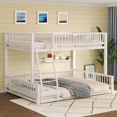 Full XL over Queen Floor Bunk Bed w/Ladder & Safety Guardrails Metal Bed Frame