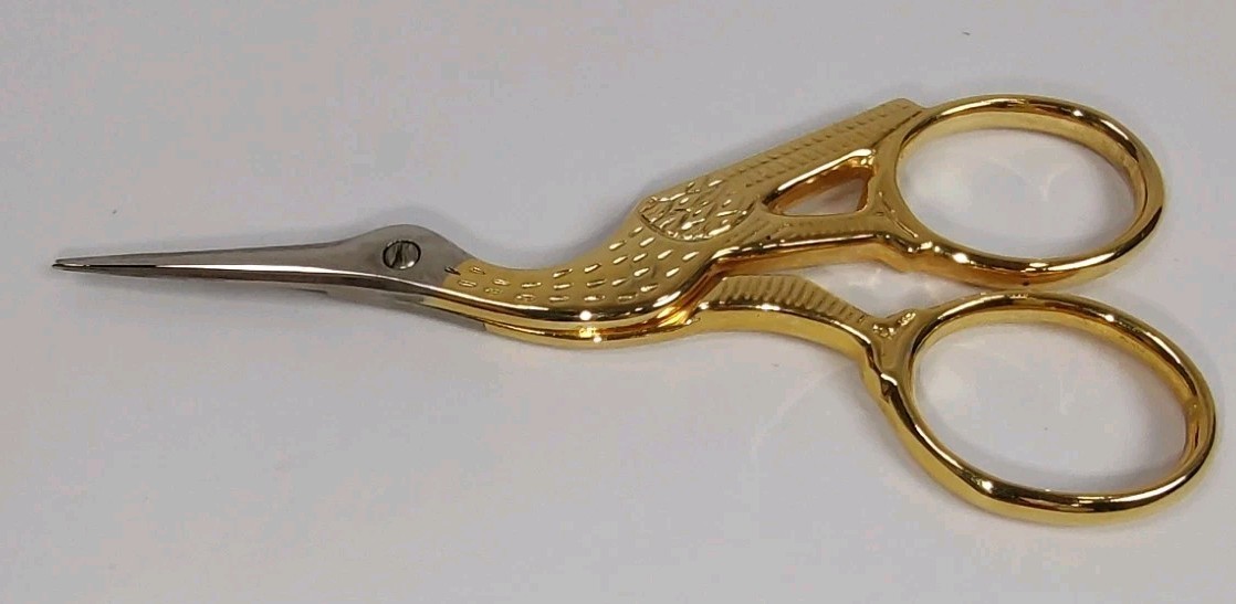 Gingher Gold Tone Stork Embroidery Scissors Leather Sheath Vintage Sewing Snips