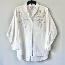 KARL LAGERFELD PARIS Beaded Floral Button Down Shirt White Size XL