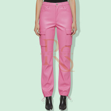 Women Pink Lambskin Leather Cargo Pants High-Waist Utility Style with Drawstring