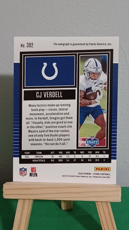 2022 Panini Score Gold Auto RC 41/50 CJ Verdell Indianapolis Colts Football #392 - Image 3 of 4