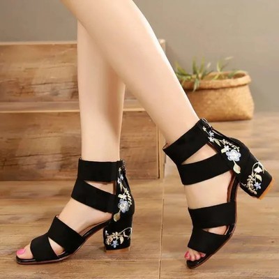 Women's Embroidered Mid-heel Sandals Summer Thick Heel Pumps High Heels Shoes