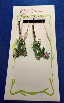 Betsey Johnson Green and Pink Frog Drop Earrings with Glass Stones NEW