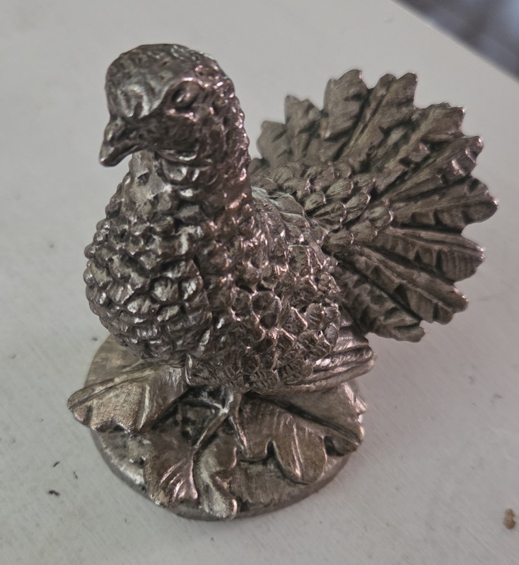 Silver Metal Turkey Figurine on Base, Metallic Finish, Marked R 5 925