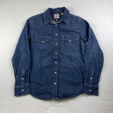 Levi Strauss Western Denim Shirt XS Blue Long Sleeve Pearl Snap Button Women