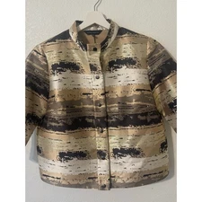 Ming Wang Women's Metallic Stripe Knit Jacket Button Up Mandarin Collar Medium