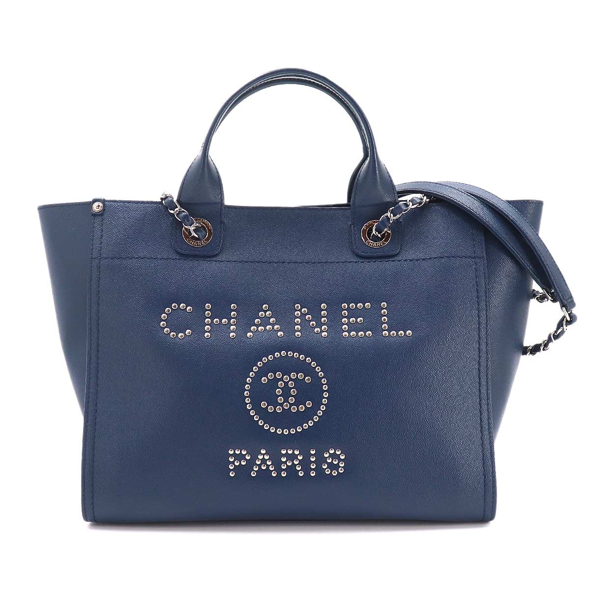 CHANEL Deauville Tote Chain Shoulder Bag Leather Navy A57069 Studs 90333763
