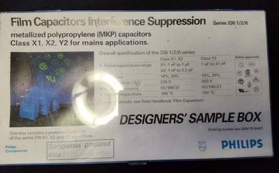 Sample box of Phi SUPPRESSION FILM CAPACITORS Ser 336 1/2/3