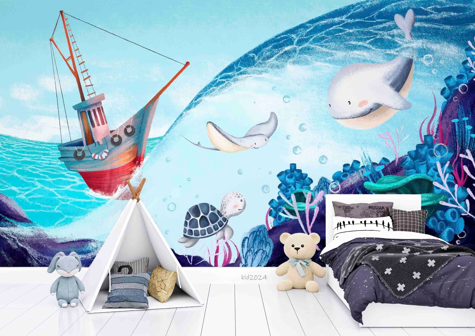 3D Sea Ship Whale Coral Cartoon Wall Murals Wallpaper Murals Wall Sticker