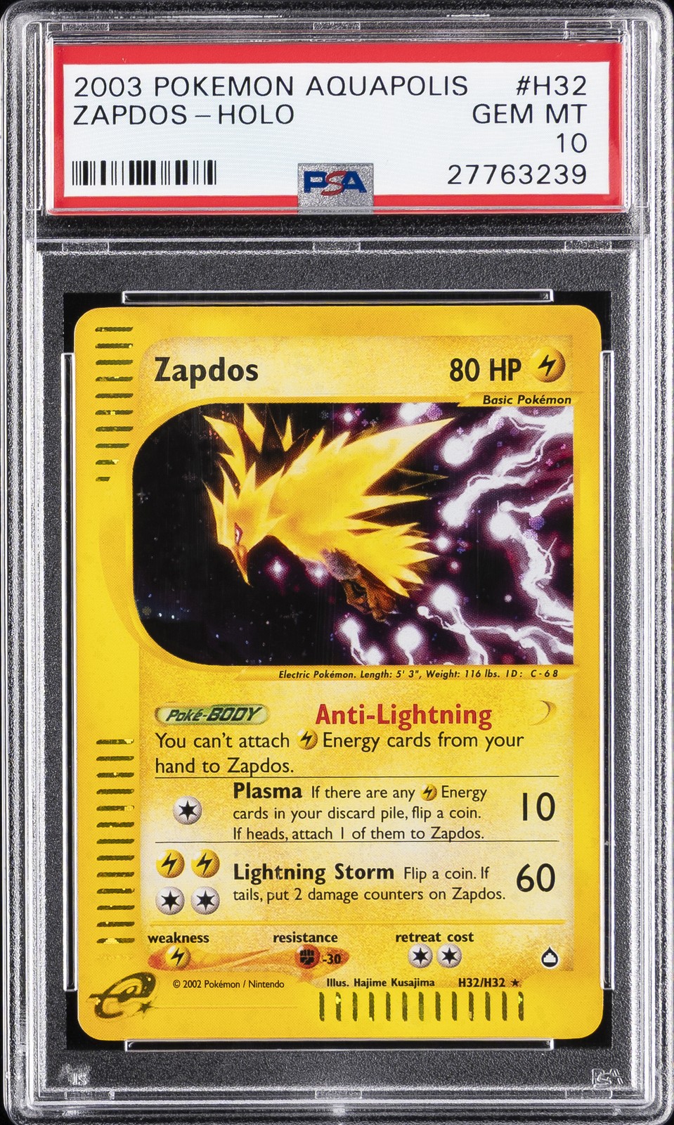 2003 POKEMON AQUAPOLIS #H32 ZAPDOS-HOLO PSA 10