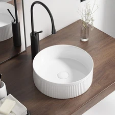 Round Vessel Sink 14 Inch Above Counter - White Ceramic Countertop Bathroom