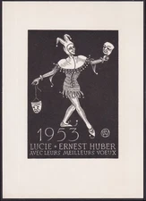 Lucie & Ernst Huber Ex Libris Bookplate 1953 Harlequin with their best wishes