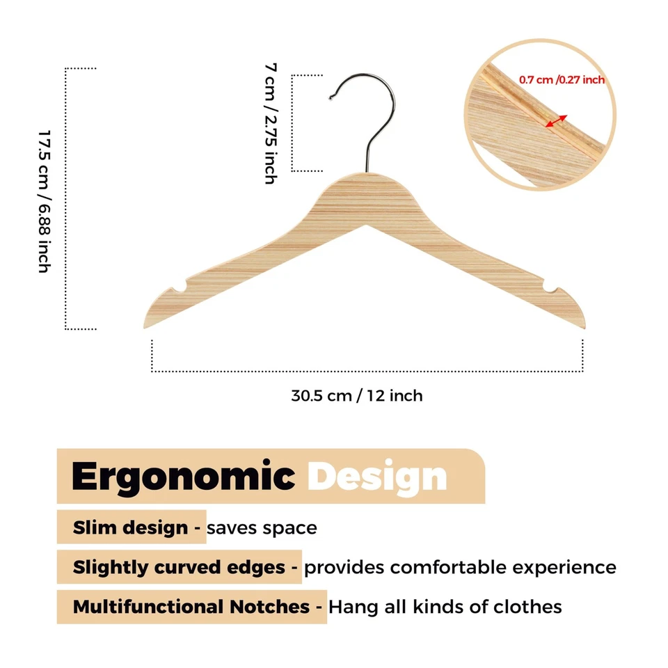 "Perchas de madera para niños de calidad 12"" - Paquete de 20 ultra delgadas diseño de madera contrachapada de 0,31""... Foto 3 de 4