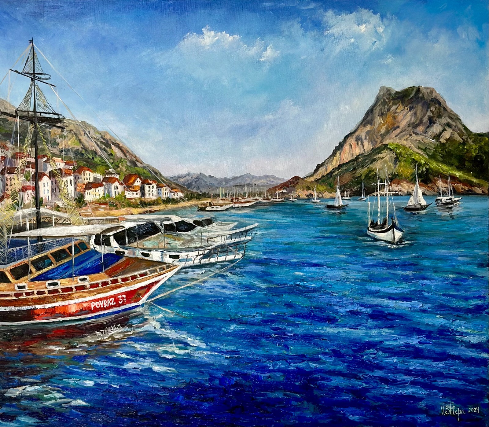 Seascape Original Oil Painting Sailboat Ocean Yacht Art Mountains Canvas 28x32