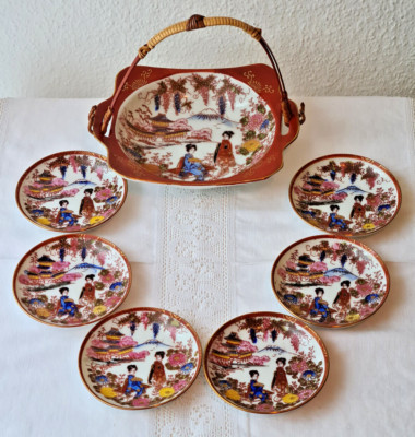7-tlg. Fukagawa Japan Schälchen Schalen Set Porzellan Bambusgriff 60er