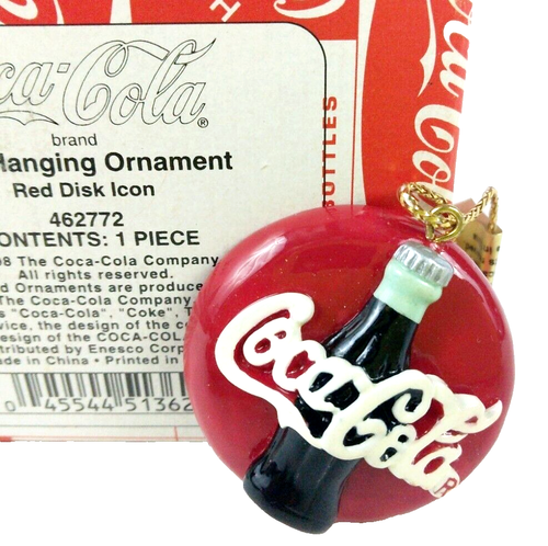 Vintage 1998 COCA-COLA Mini Hanging Ornament Red Disk Icon w Original Box