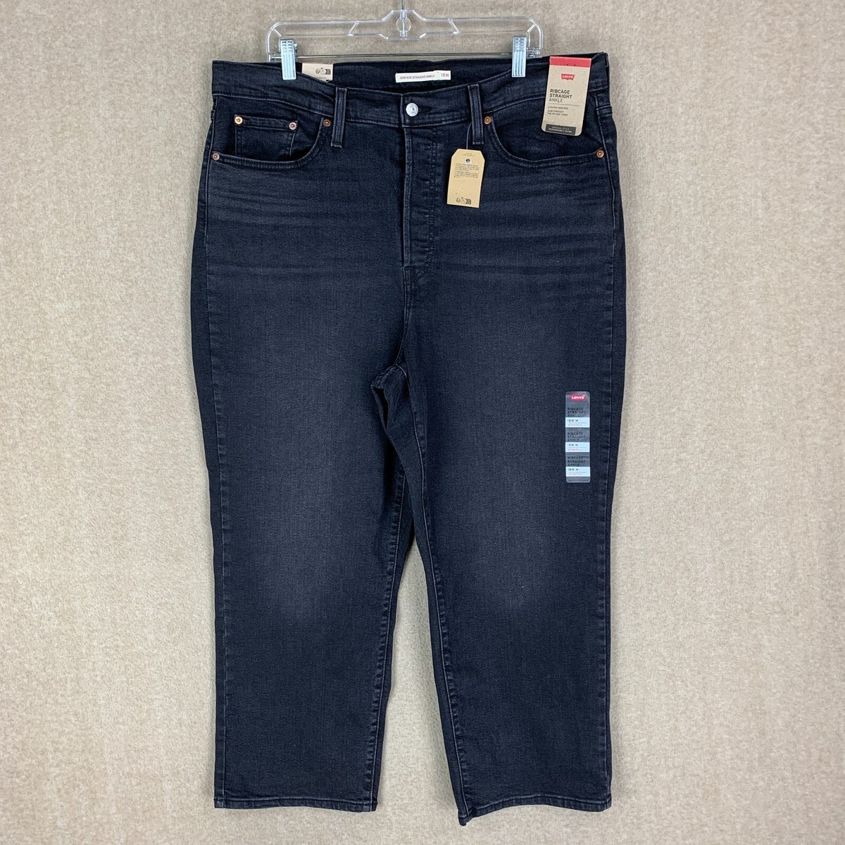 Levis Ribcage Straight Ankle Jeans 18W Womens Black High Rise Button Fly  Plus Sz