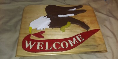 Hand Made Wood Eagle Red Welcome Sign By R&J Woodworks