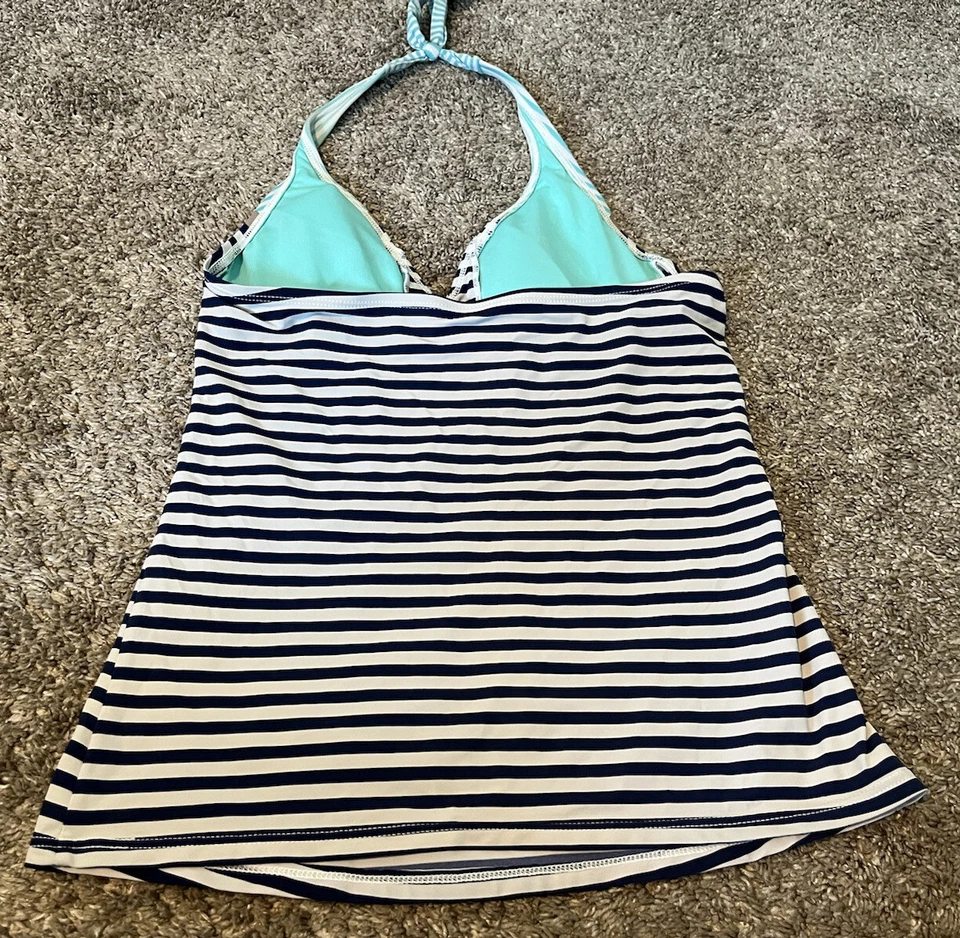 Sperry Top Sider 小号 Tankini 游泳上衣条纹蓝色白色吊带薄衬垫 — 第 3/4 张图片