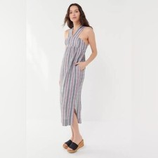 Urban Outfitters Women’s Medium Green Maroon Striped Cotton Midi Dress Pockets