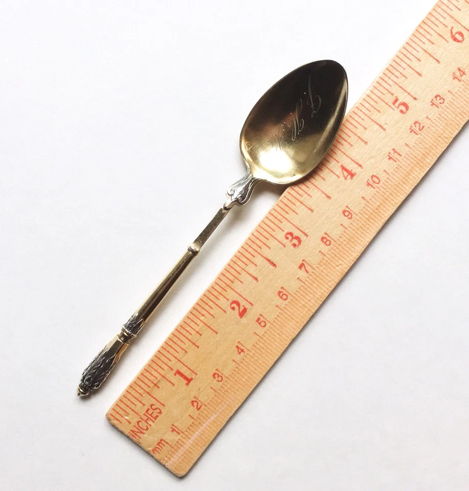 Antigua cuchara Demitasse dorada plateada del Imperio Francés Henri Gabert con flores y avispa Foto 3 de 4