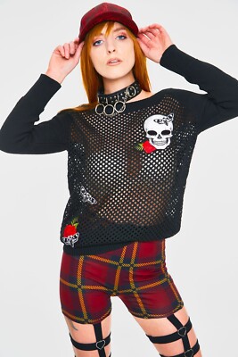 Gothic Skull Rose Moth Knit Mesh Sweater Top Goth Punk Emo