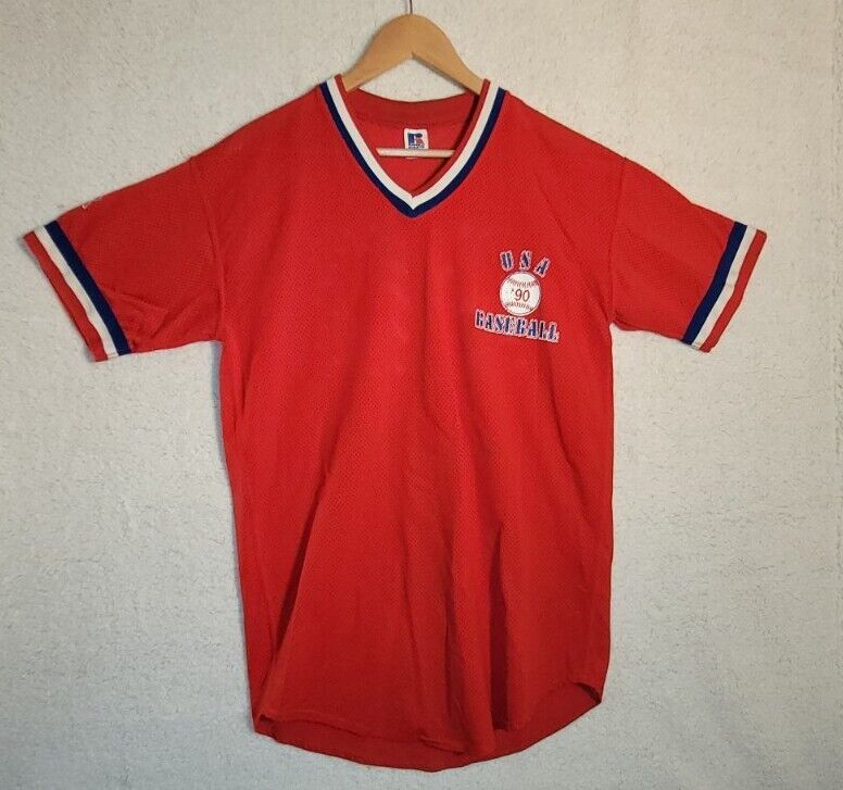 Vintage Russell 1990 Team USA Baseball Red Mesh Jersey see Vintage Russell 1990 Team USA Baseball Red Mesh Jersey see