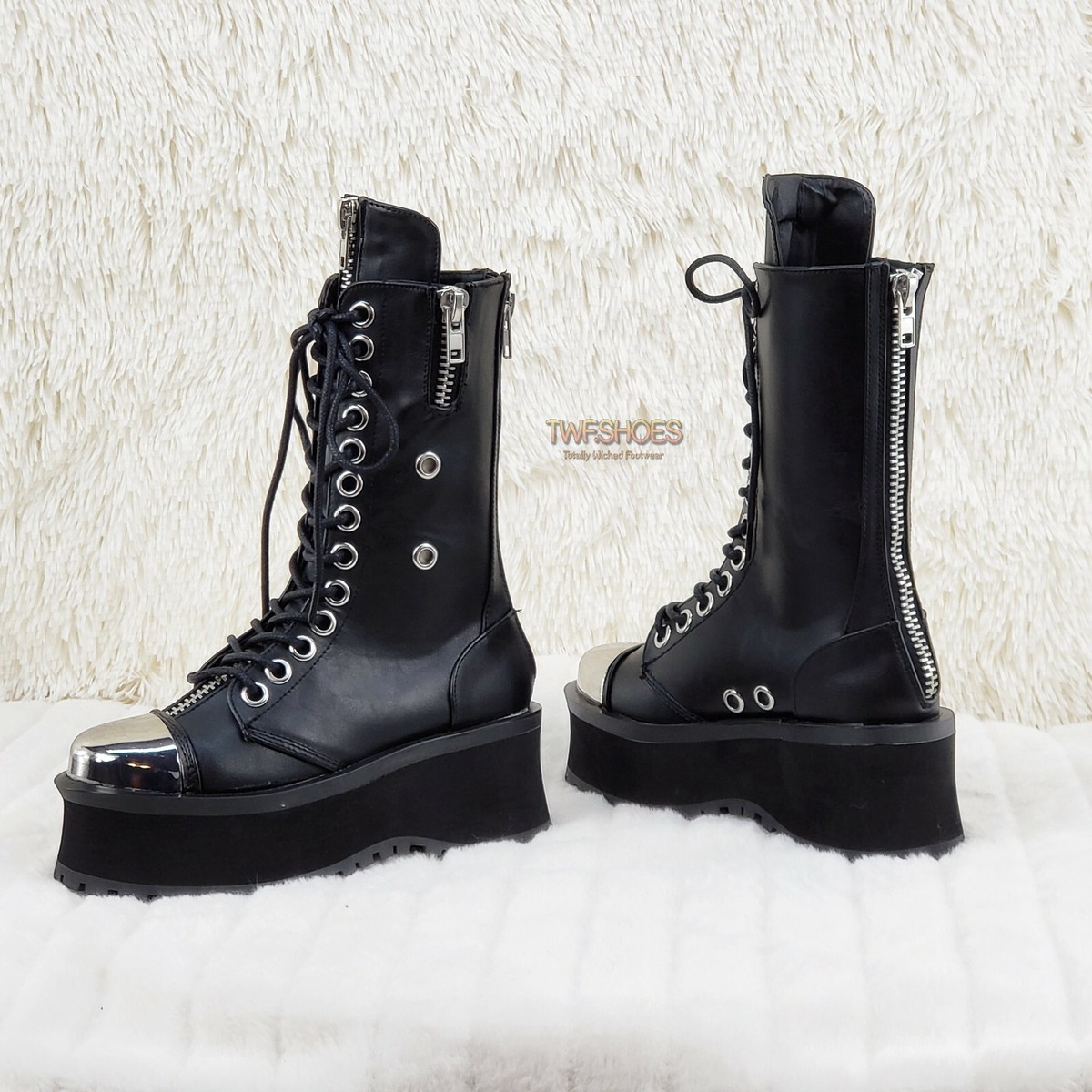 Gravedigger 14 Black Chrome Toe Plate Lace Up Boots Men US Sizes