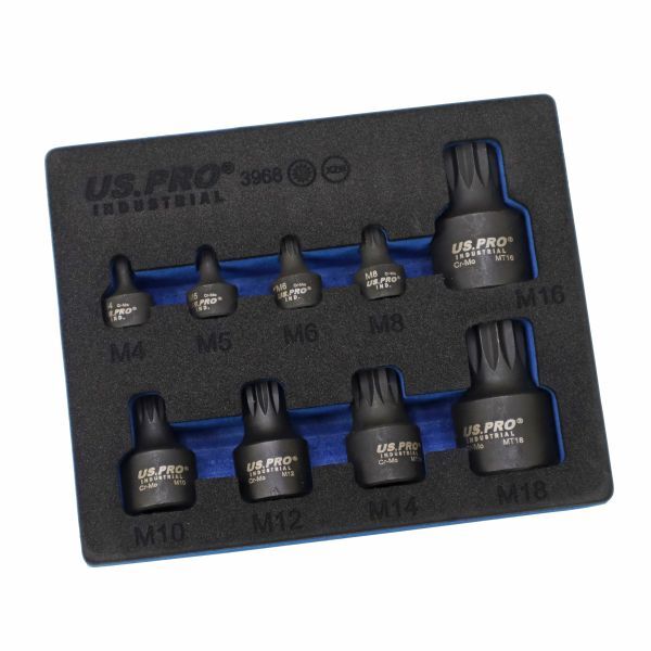 US PRO 9PC Stubby Impact Spline M4–M18 Tamperproof M14/M16/M18 Mixed Drive CR-MO