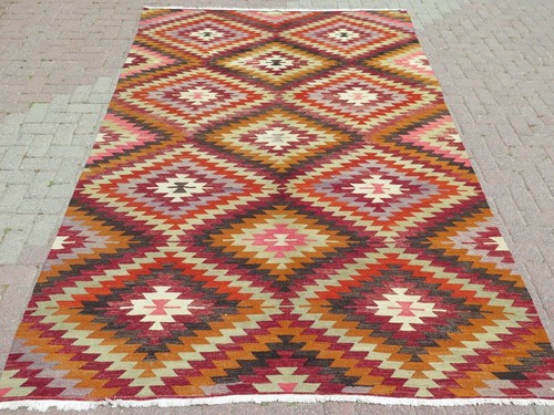Oriental Kilim Boho Rugs, Handmade Large Floor Carpet, Wool Kelim 77"x125"