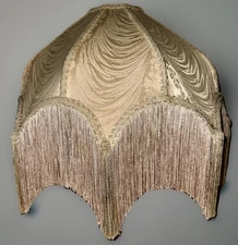 Antique Fabric Fringed Lamp Shade Cream Damask Octagonal with Harp 18" Diameter