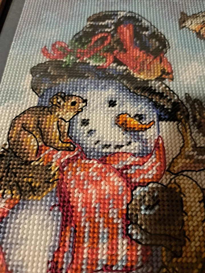 Muñeco de Nieve y Reno Cruz Puntada Obra de Arte Enmarcada Nuevas Dimensiones Colección 8824 Foto 3 de 4