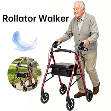 Heavy Duty Folding 300lb Rolling Wide Seat Rollator Walker With 4 Wheels Red USA