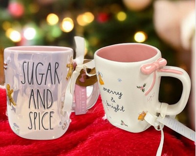 Rae Dunn Pink Sugar and Spice Mug iridescent gingerbread & Merry Bright Mug Set