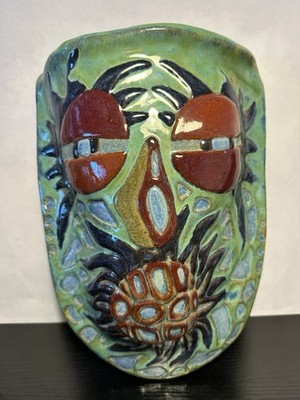 Art Pottery Handmade Glazed Face Wall Pocket Art Unique Eclectic Colorful Decor