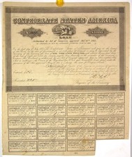 ORIGINAL 1864 CONFEDERATE STATES OF AMERICA CIVIL WAR $1000 BOND 8% BALL #383