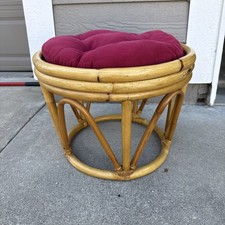 Vintage Rattan Bamboo Ottoman Base Boho Mid-Century Round Stool Plant Stand Bent