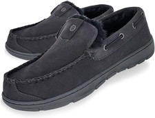Mens Suede Venetian Moccasin Slipper - Plush Faux Fur Lining - Indoor