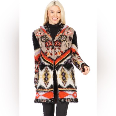 VERTIGO PARIS Large Womens Sweater Boho Hoodie Cardigan Cozy Aztec Black Orange