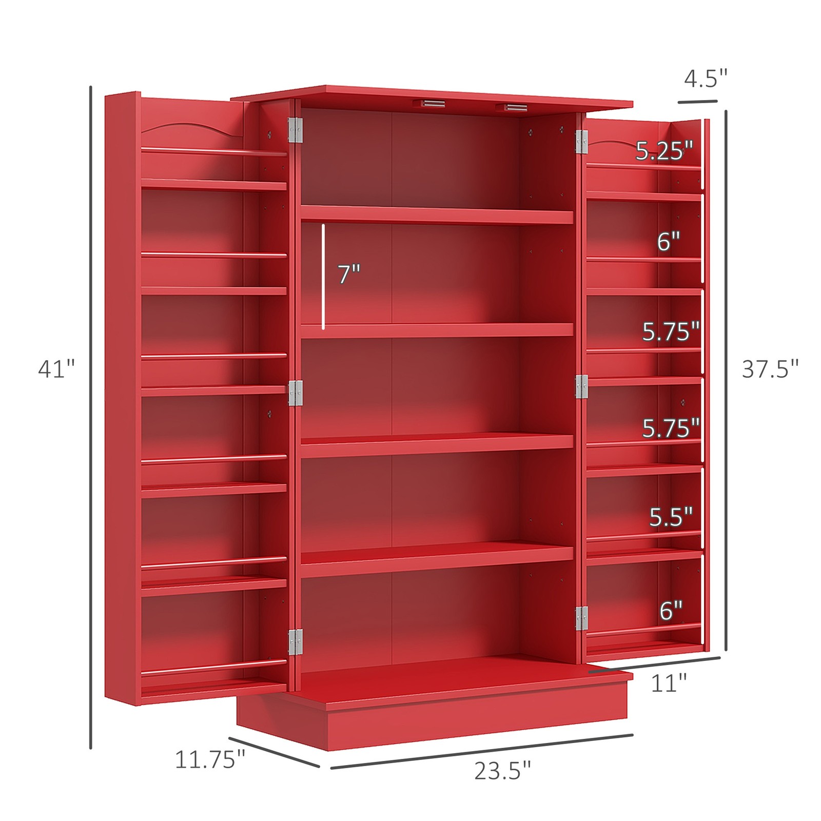 Kitchen Pantry Storage Cabinet w/ 5-tier Shelving, 12 Spice Racks, Red