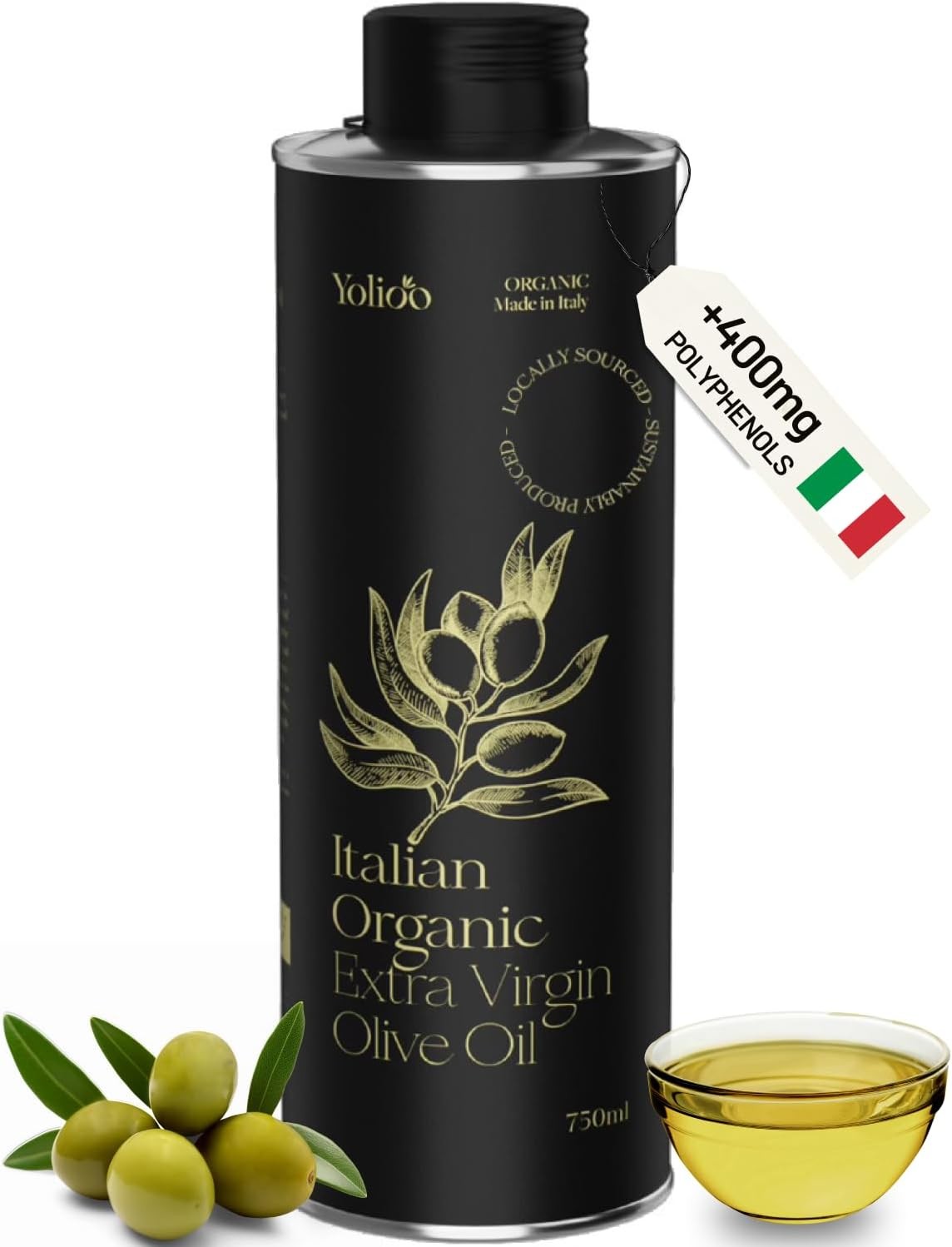 YOLIOO 100% Italian Organic Olive Oil Extra Virgin | High Polyphenols Cold Pres