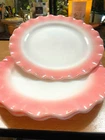 (2) Hazel Atlas Crinoline Pink Ripple Milk Glass Plates 8 3/4”  MCM Vintage