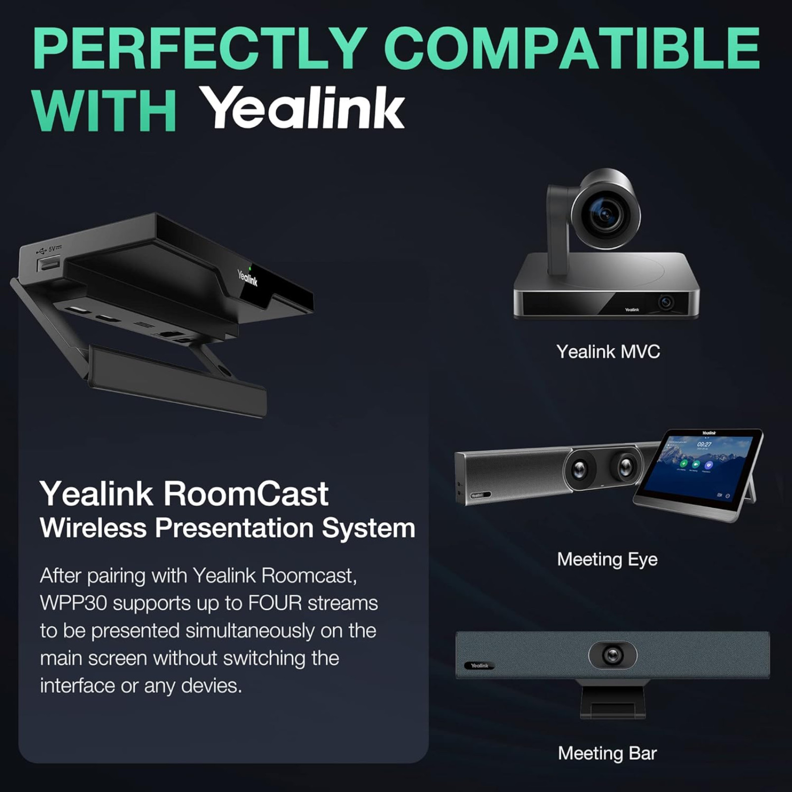 Yealink WPP30 Wireless Presentation Pod 4K USB-C BYOD Screen Sharing Teams&Zoom