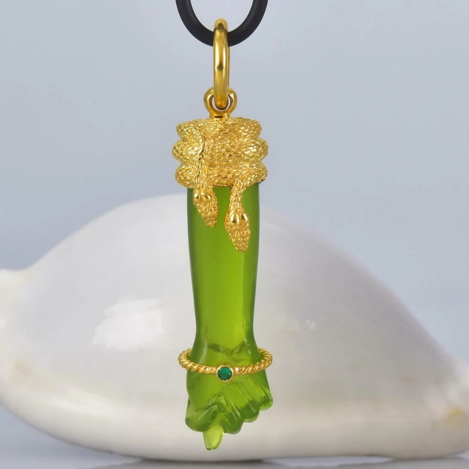 Gold Vermeil Sterling Mano Fico Figa Anhänger Geschnitzt Chalzedon Smaragd 10.69 - Bild 2 von 4