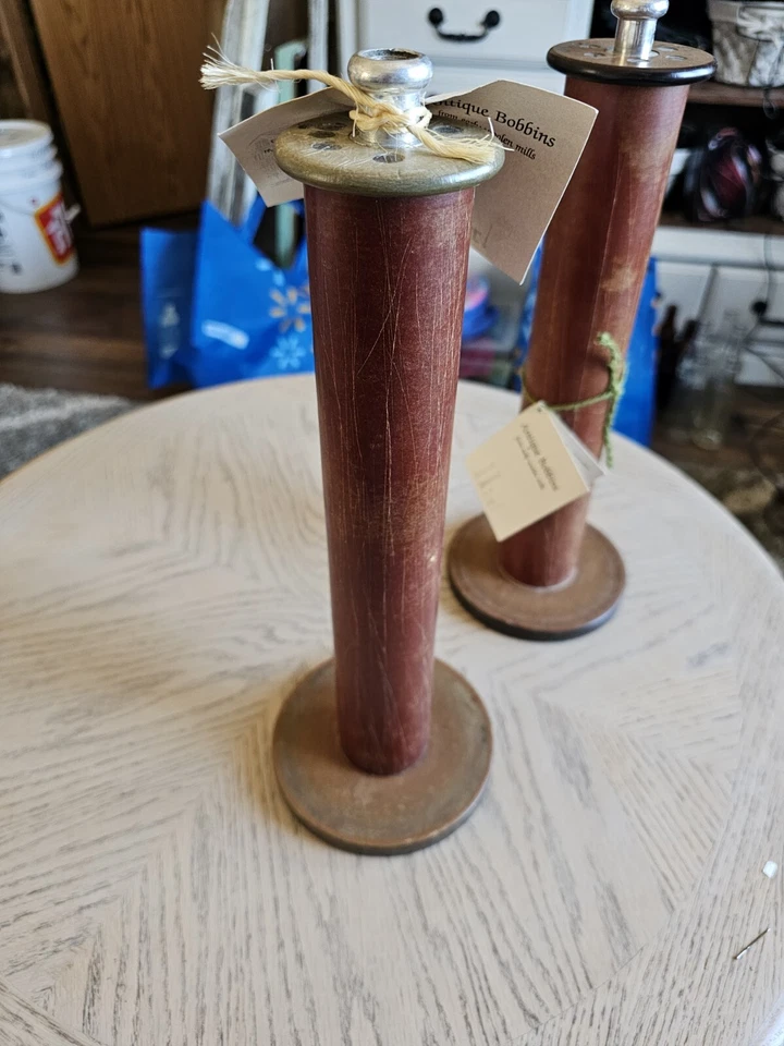 Vintage Industrial Wooden/composite Bobbins Spool Metal Textile Candlestick 13" - Image 2 of 4