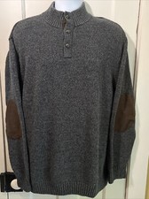 Chaps Mens Sweater XL Gray Henley with Elbow Patches Long Sleeve Cotton Pullover