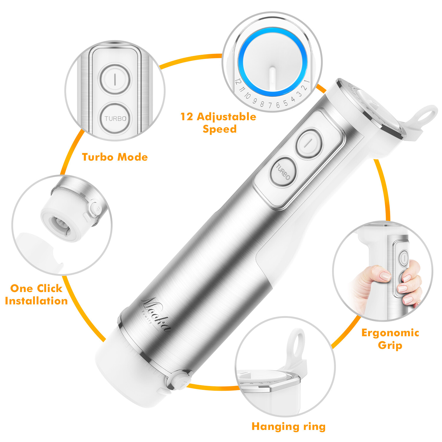 1100W 12Speed Hand Immersion Blender 5 in 1 Entire Stainless Steel Blender White