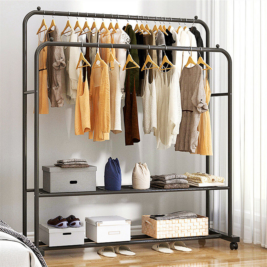 Industrial Free Standing Double Clothing Rail Raw Steel Pipe Style Rustic  Modern