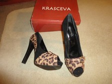 BRAND NEW IN BOX HIGH  HEELED KRASCEVA LADIES SHOES SIZE 7 (40) EU LEOPARD SKIN 